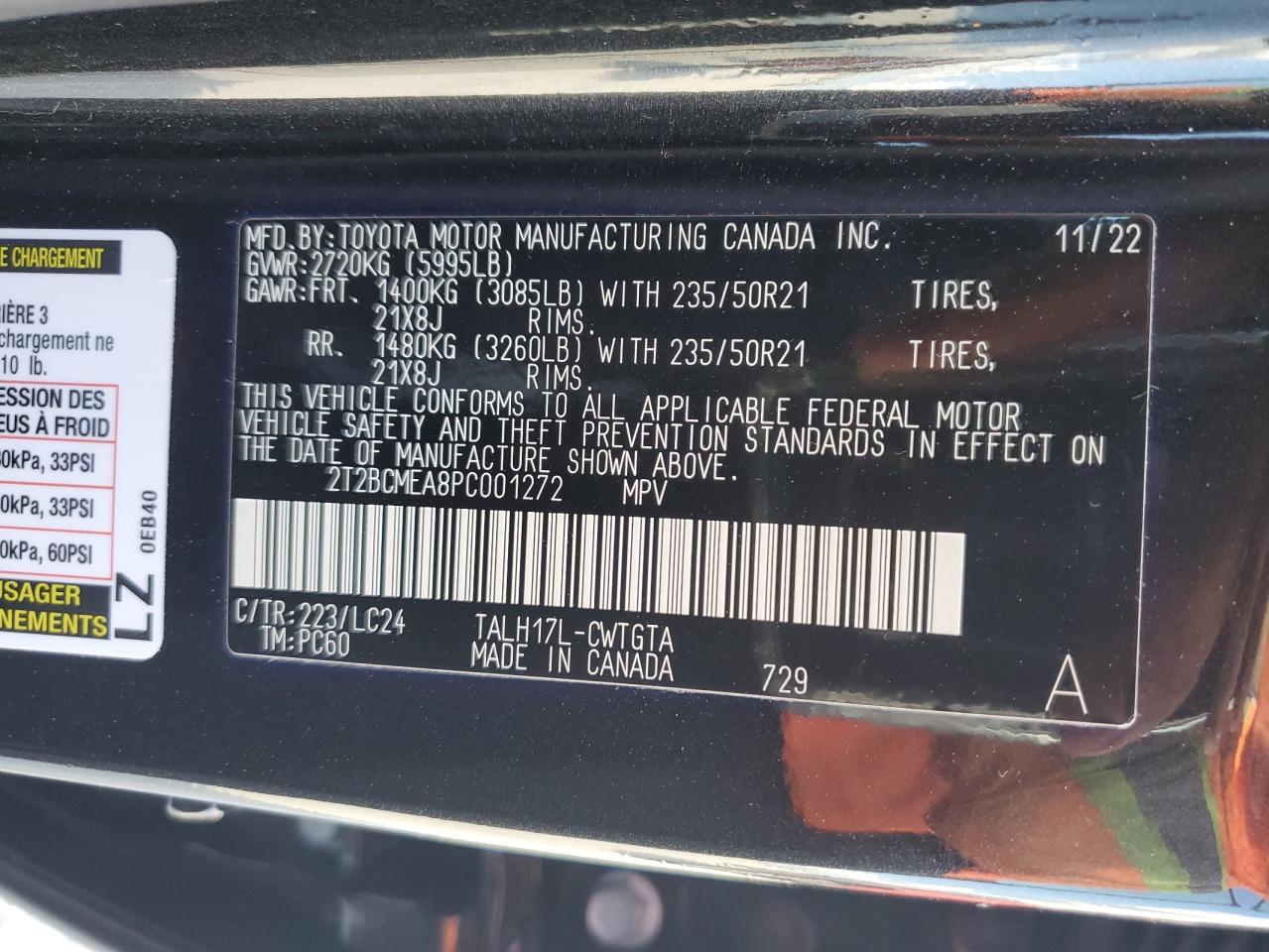 2023 LEXUS RX 500H F SPORT VIN:2T2BCMEA8PC001272