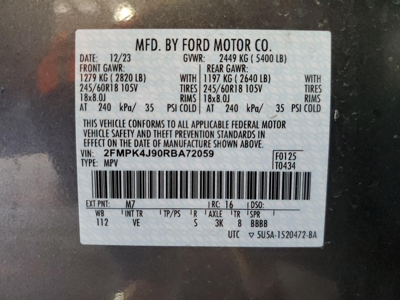 2024 FORD EDGE SEL VIN:2FMPK4J90RBA72059