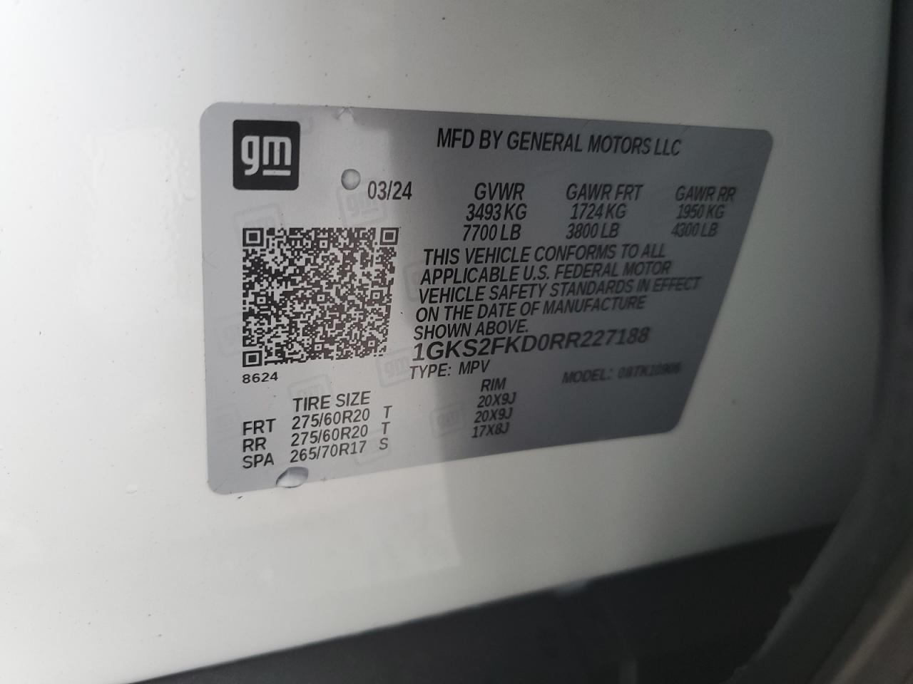 2024 GMC YUKON XL K1500 SLE VIN:1GKS2FKD0RR227188