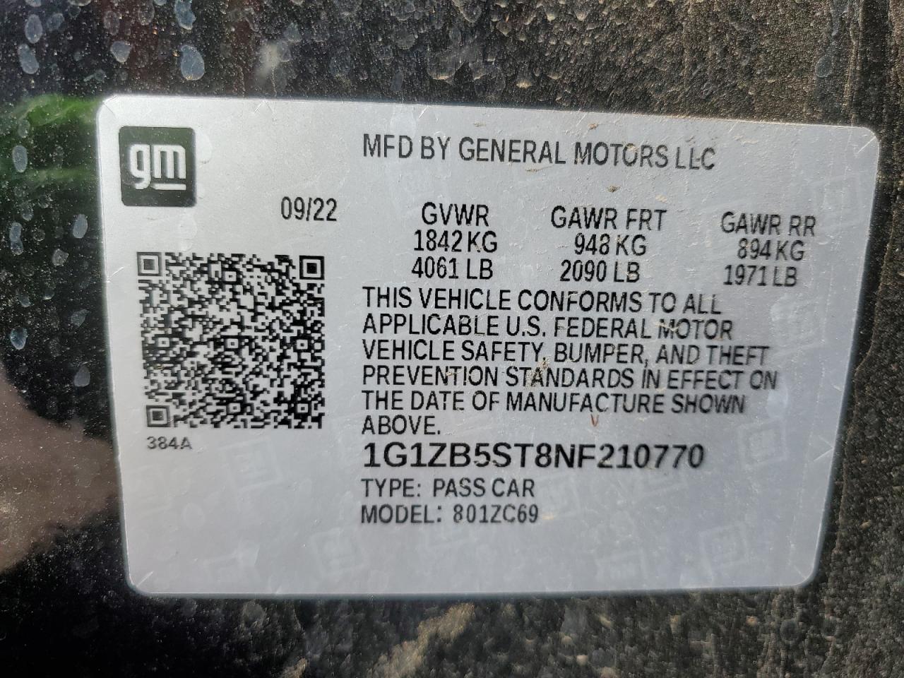 2022 CHEVROLET MALIBU LS VIN:1G1ZB5ST8NF210770