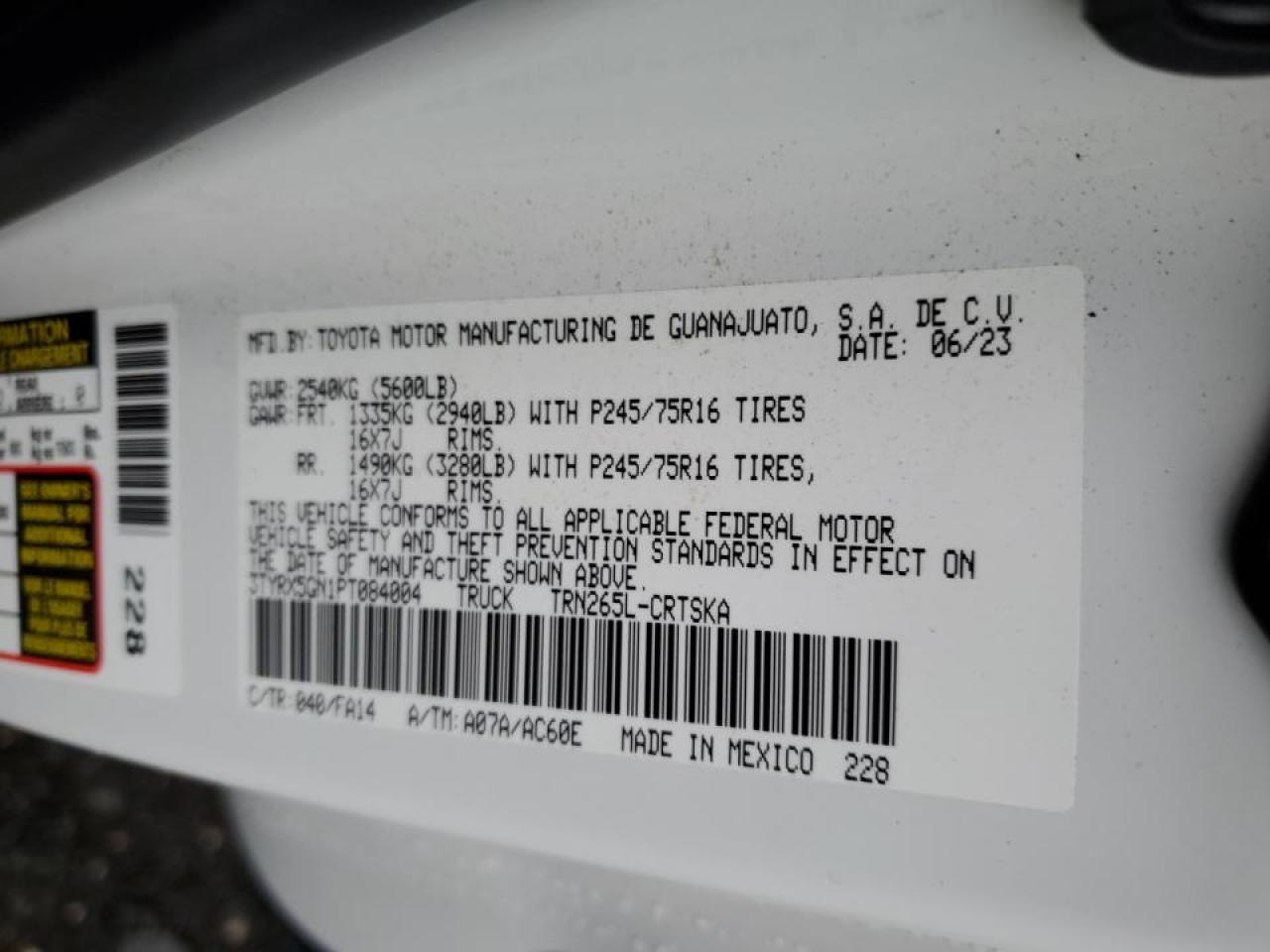 2023 TOYOTA TACOMA ACCESS CAB VIN:3TYRX5GN1PT084004