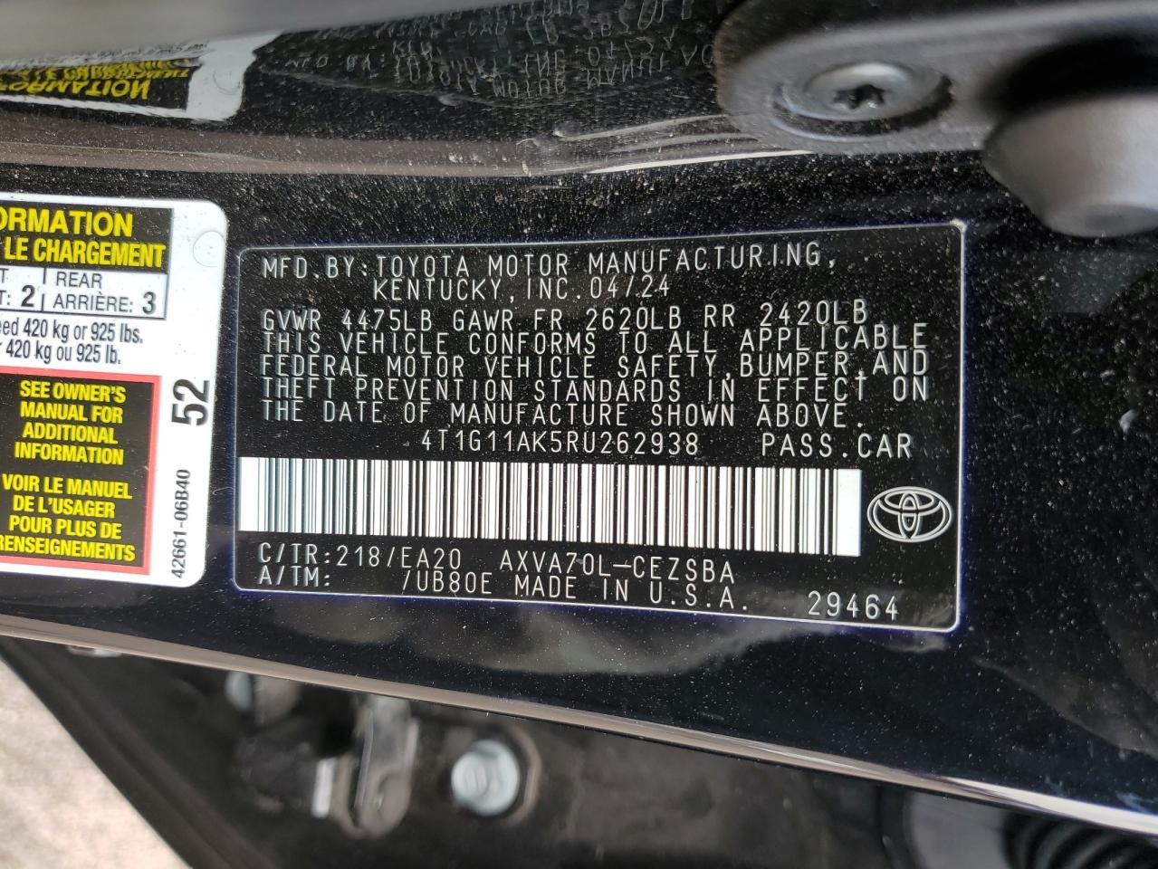 2024 TOYOTA CAMRY SE NIGHT SHADE VIN:4T1G11AK5RU262938