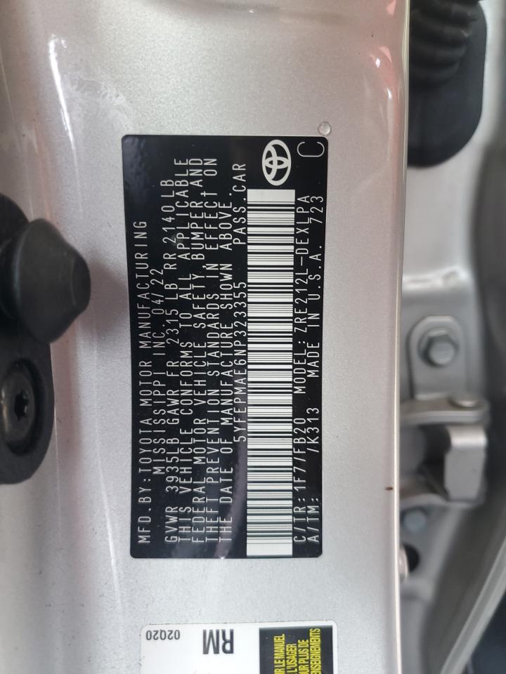 2022 TOYOTA COROLLA LE VIN:5YFEPMAE6NP323355