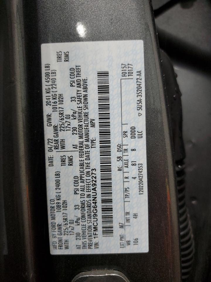 2022 FORD ESCAPE SE VIN:1FMCU9G64NUA92273