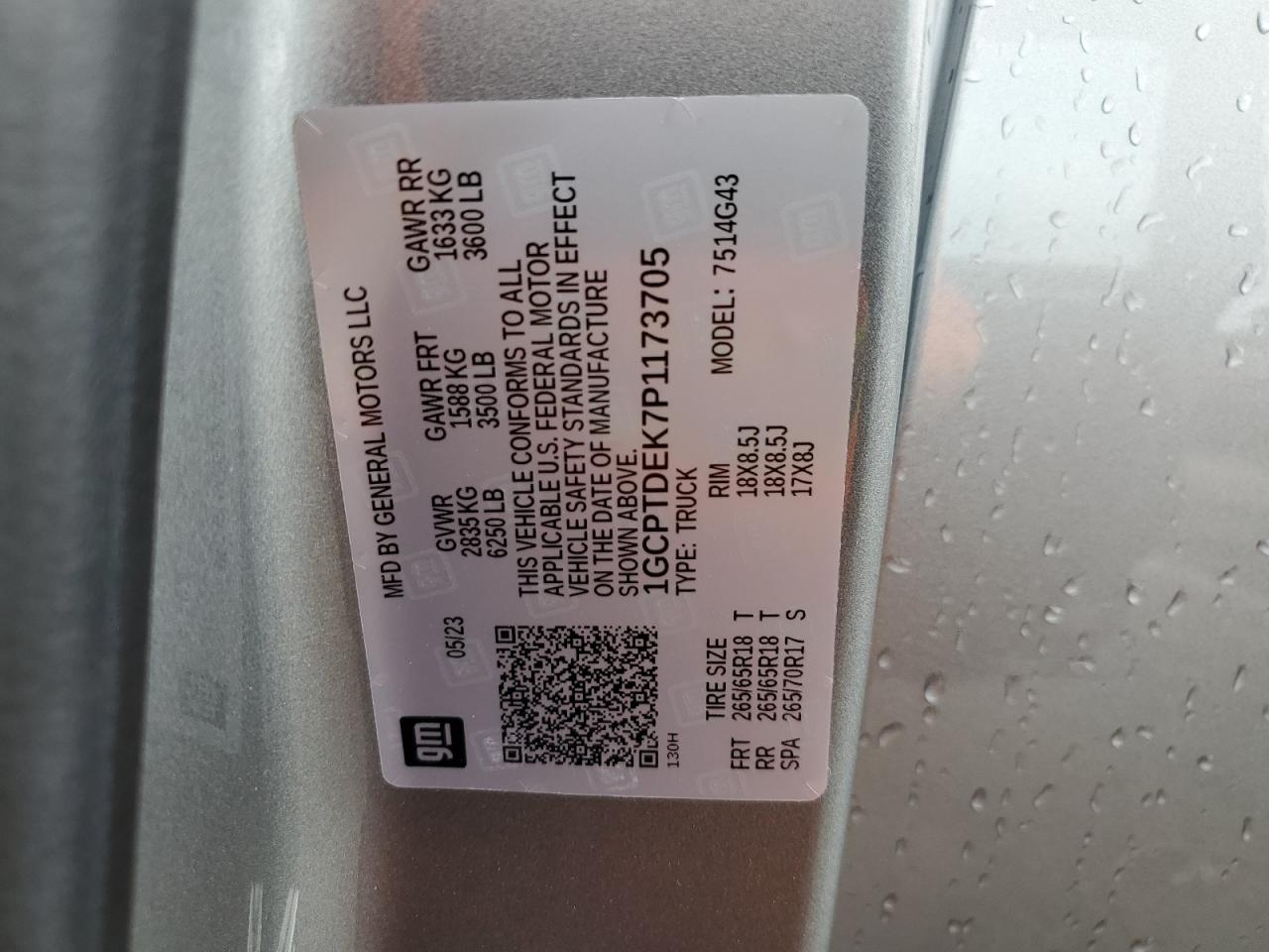 2023 CHEVROLET COLORADO Z71 VIN:1GCPTDEK7P1173705