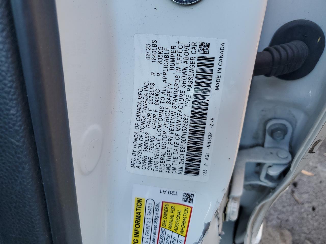 2023 HONDA CIVIC SPORT VIN:2HGFE2F50PH525867