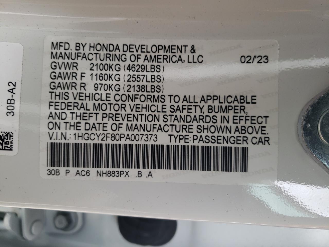 2023 HONDA ACCORD TOURING HYBRID VIN:1HGCY2F80PA007373