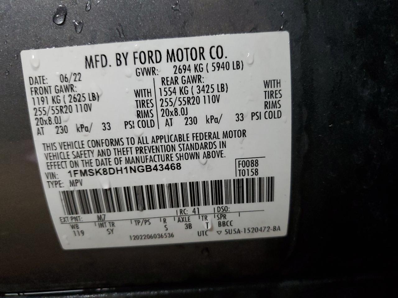2022 FORD EXPLORER XLT VIN:1FMSK8DH1NGB43468