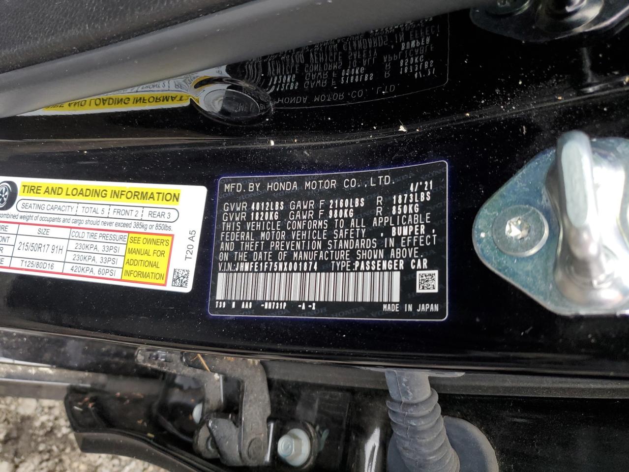 2022 HONDA CIVIC EX VIN:4T1BG22K61U821060
