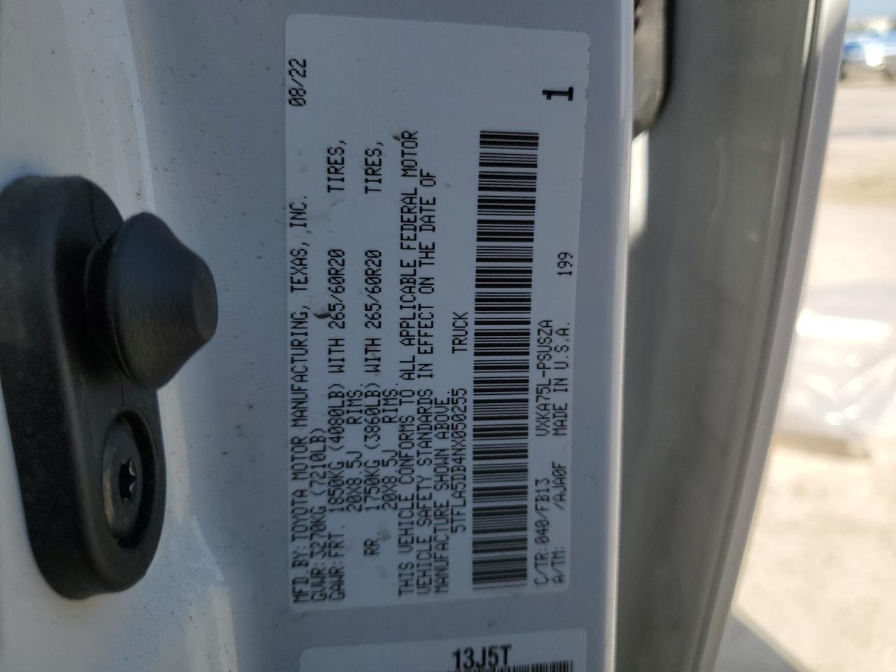 2022 TOYOTA TUNDRA CREWMAX SR VIN:5TFLA5DB4NX050255