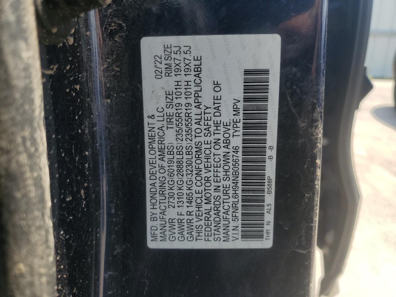 2022 HONDA ODYSSEY ELITE VIN:5FNRL6H94NB056746