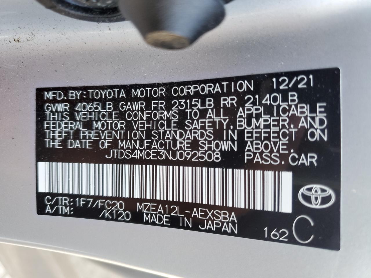2022 TOYOTA COROLLA SE VIN:JTDS4MCE3NJ092508