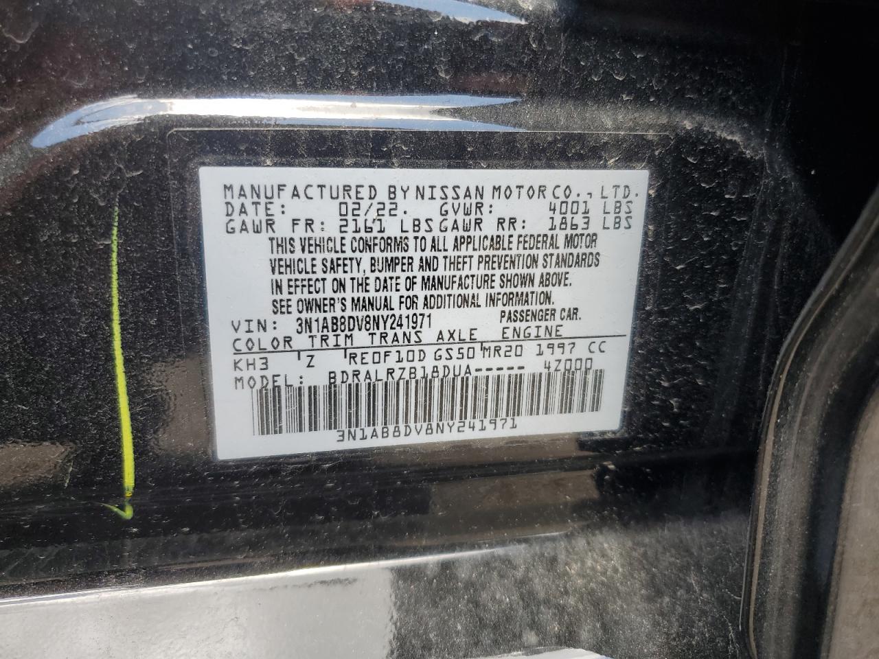 2022 NISSAN SENTRA SR VIN:3N1AB8DV8NY241971