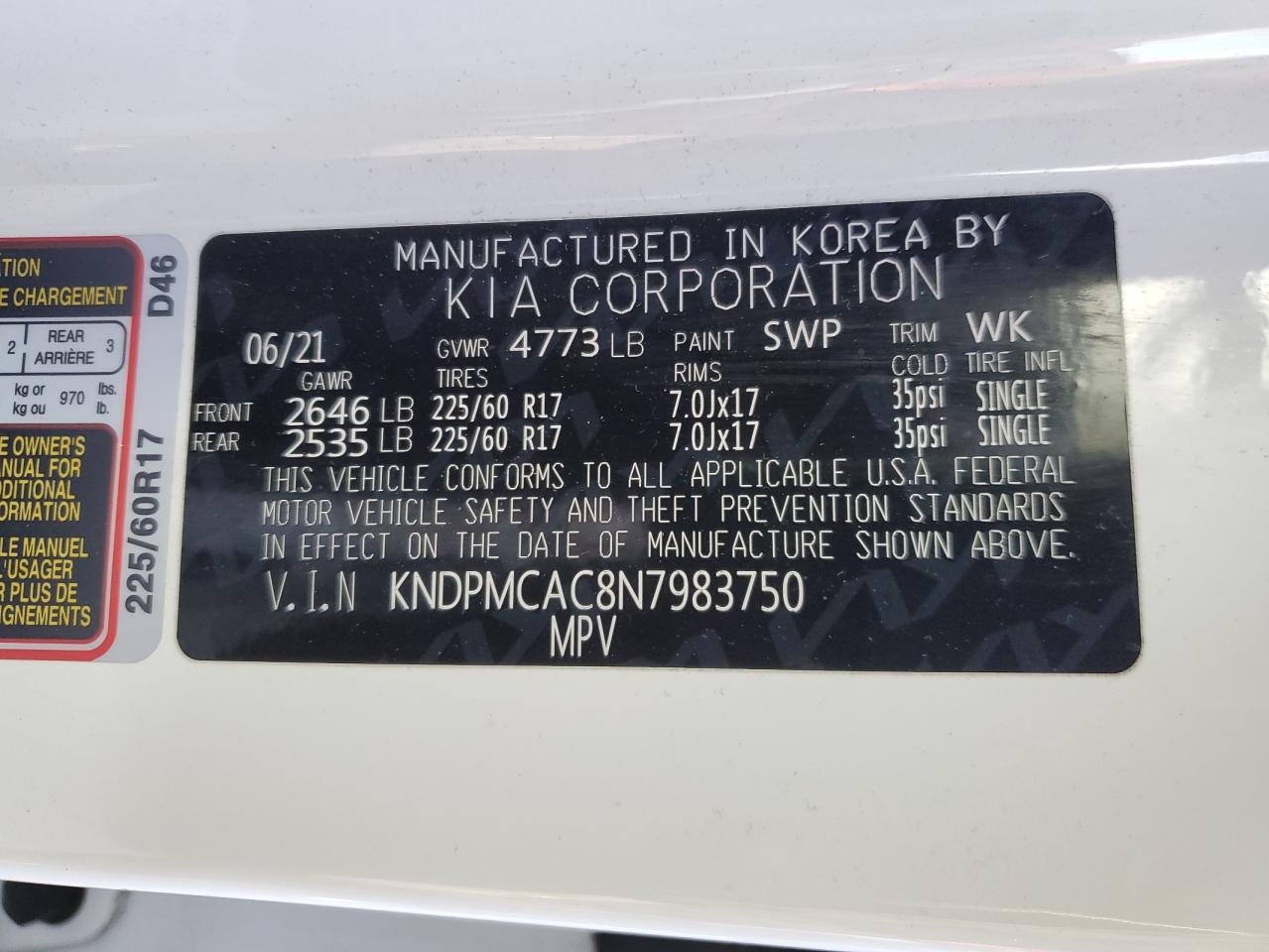 2022 KIA SPORTAGE LX VIN:KNDPMCAC8N7983750