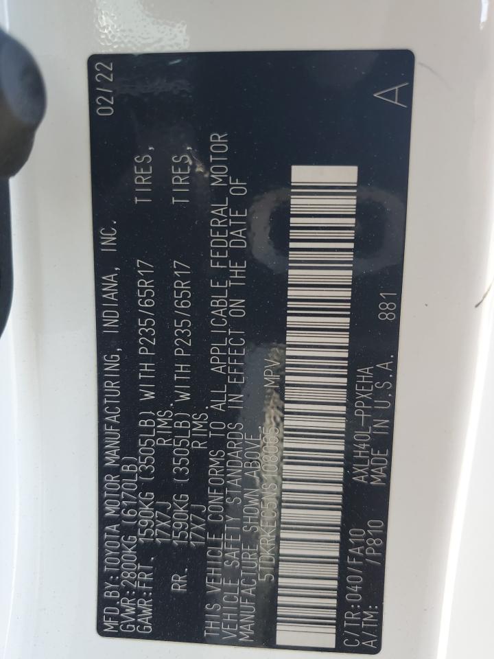 2022 TOYOTA SIENNA LE VIN:5TDKRKEC5NS108065