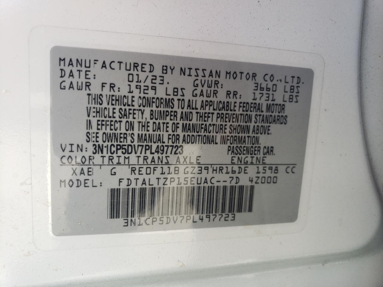 2023 NISSAN KICKS SR VIN:3N1CP5DV7PL497723