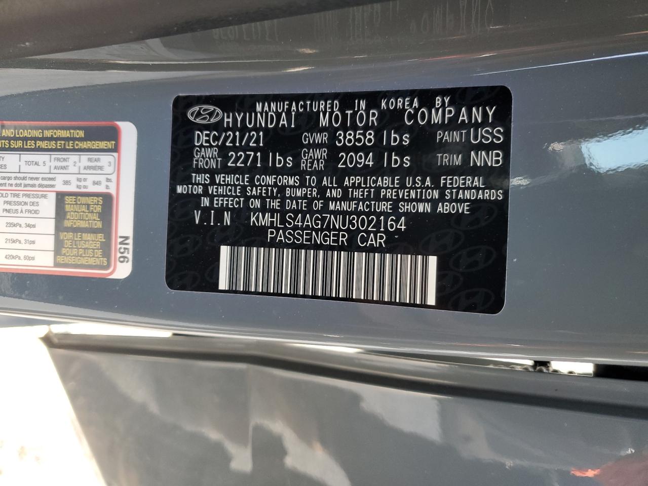 2022 HYUNDAI ELANTRA SEL VIN:KMHLS4AG7NU302164