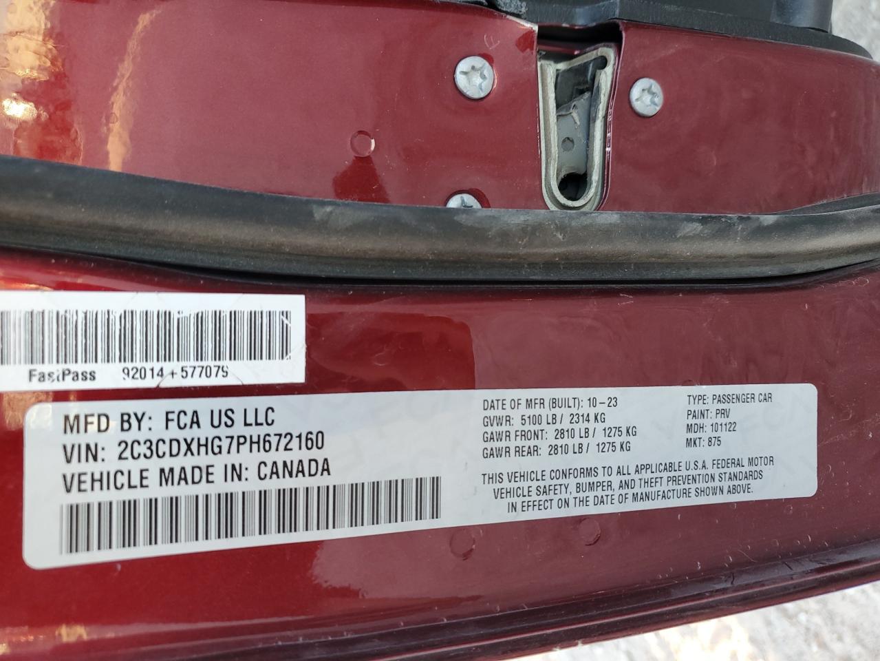 2023 DODGE CHARGER GT VIN:2C3CDXHG7PH672160