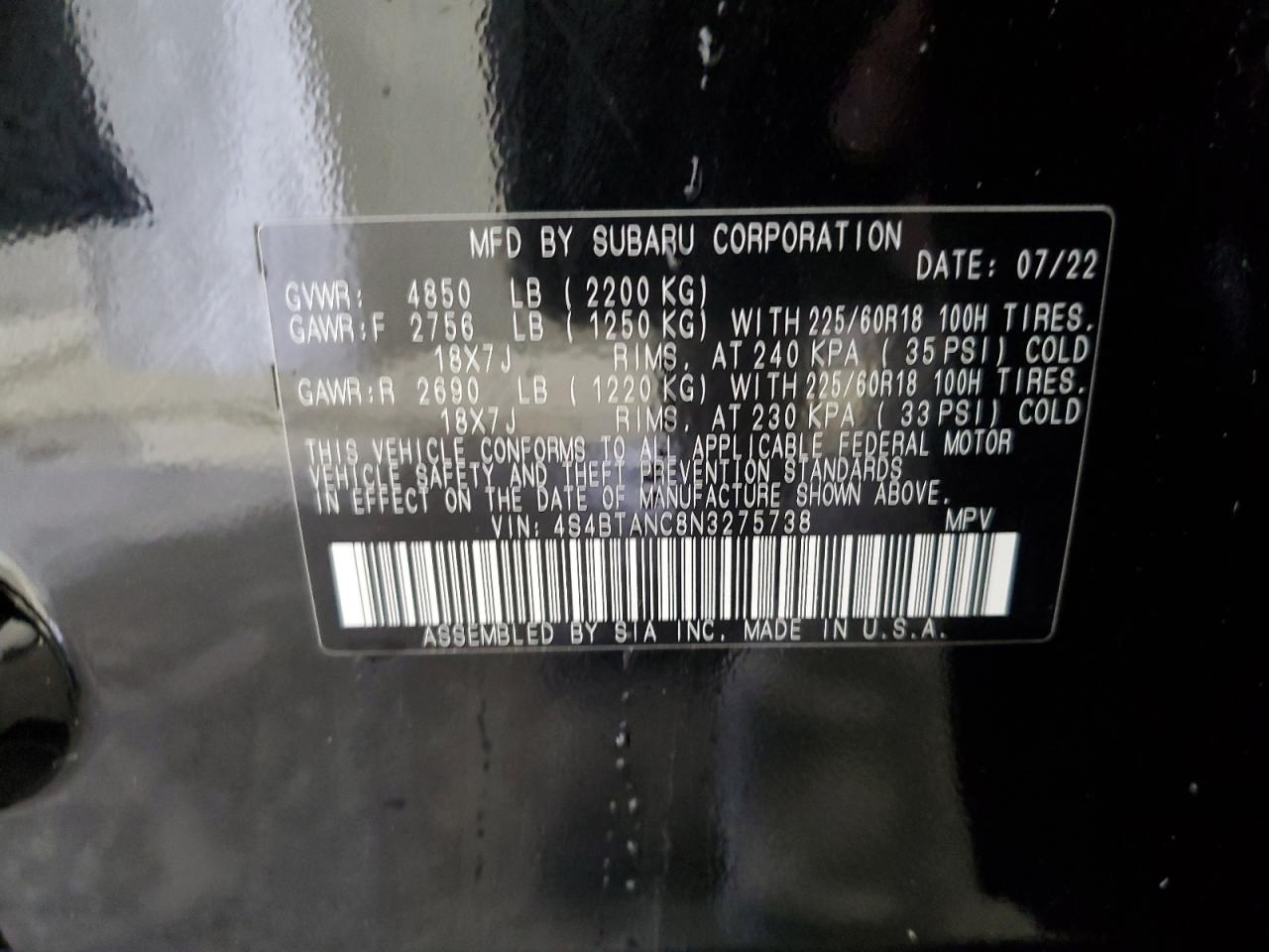 2022 SUBARU OUTBACK LIMITED VIN:4S4BTANC8N3275738