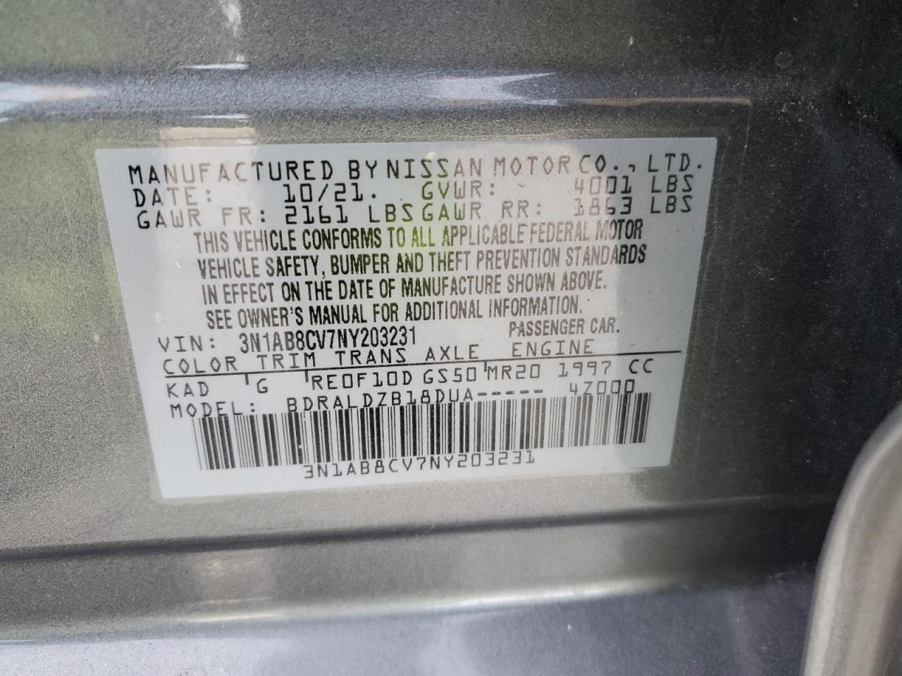 2022 NISSAN SENTRA SV VIN:3N1AB8CV7NY203231