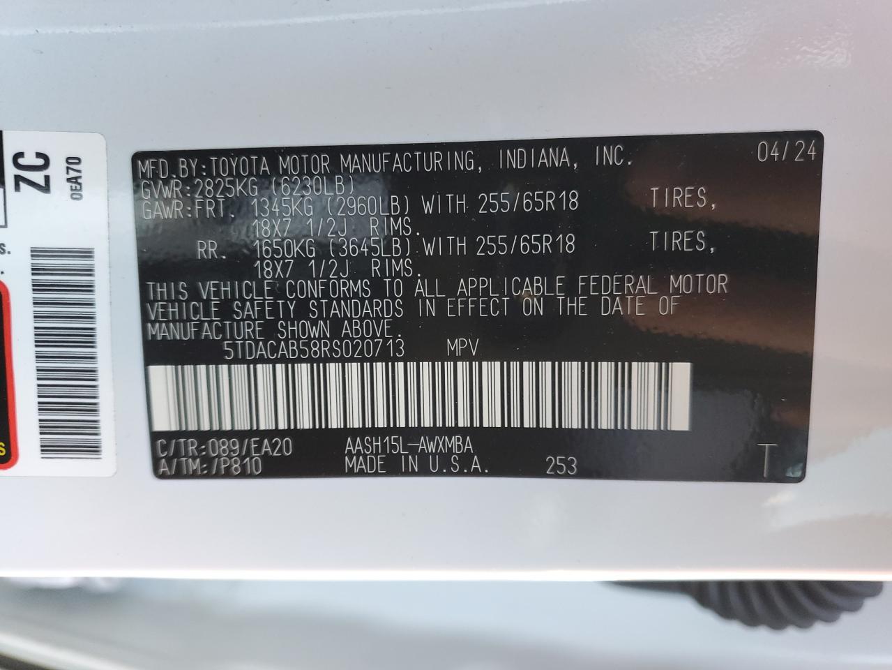 2024 TOYOTA GRAND HIGHLANDER XLE VIN:5TDACAB58RS020713