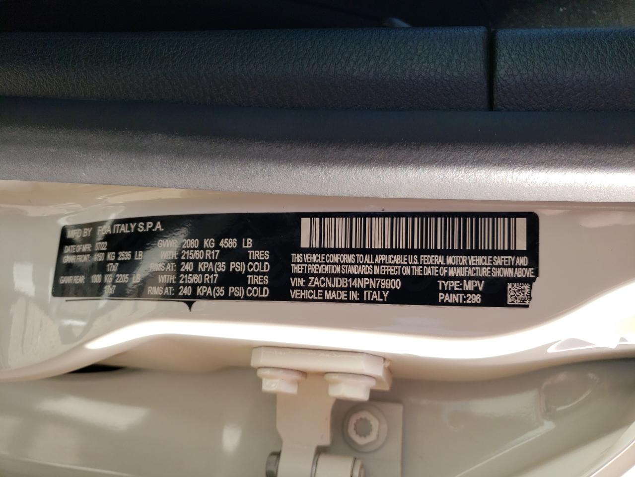 2022 JEEP RENEGADE LATITUDE VIN:ZACNJDB14NPN79900