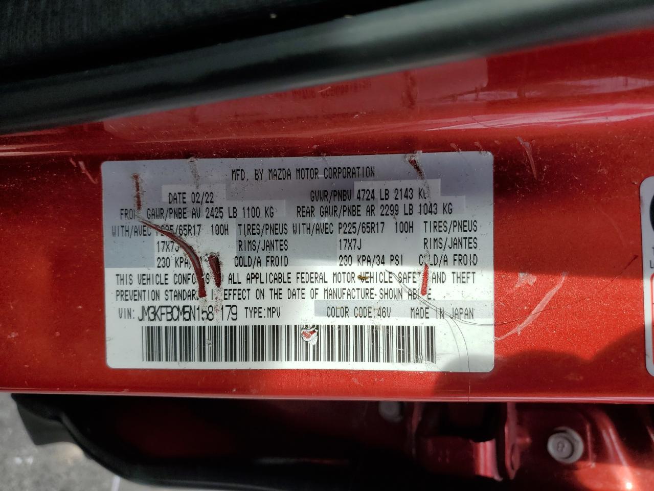 2022 MAZDA CX-5 PREFERRED VIN:JM3KFBCM5N1581179