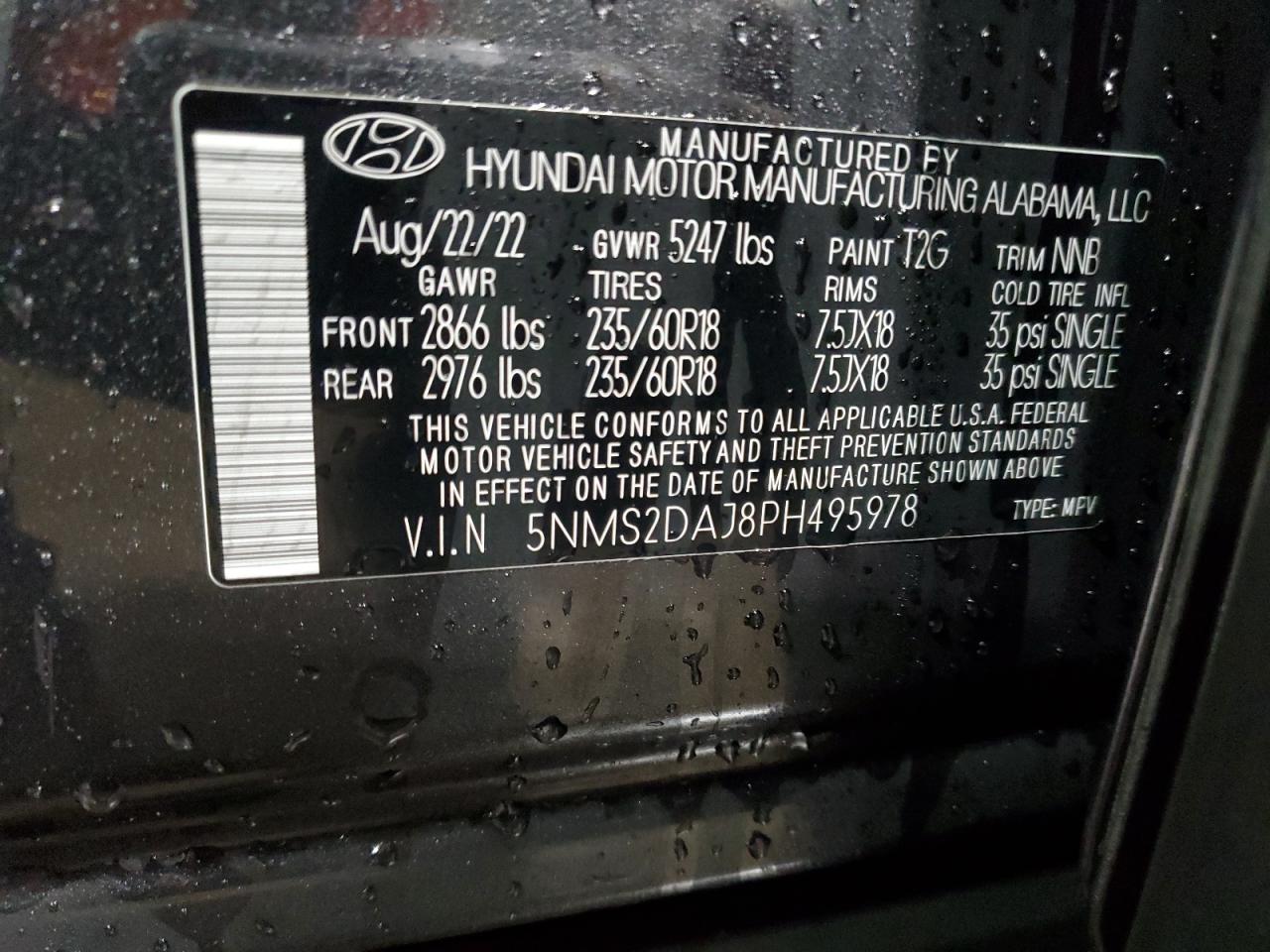 2023 HYUNDAI SANTA FE SEL VIN:5NMS2DAJ8PH495978