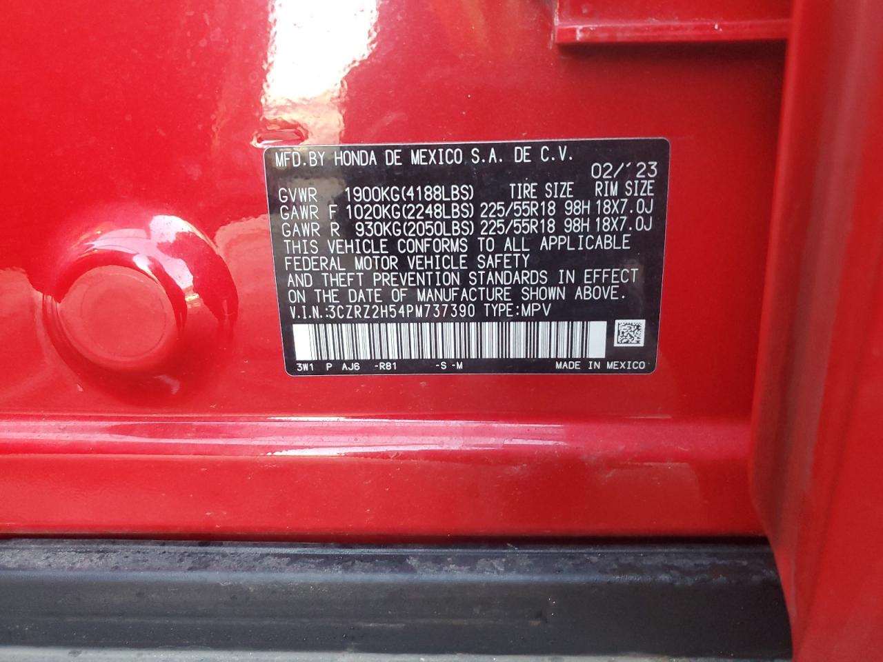 2023 HONDA HR-V SPORT VIN:3CZRZ2H54PM737390