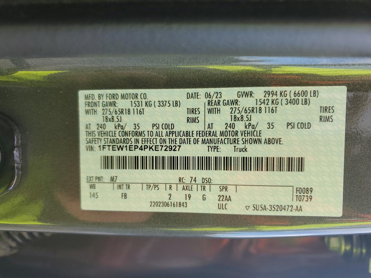 2023 FORD F150 SUPERCREW VIN:1FTEW1EP4PKE72927
