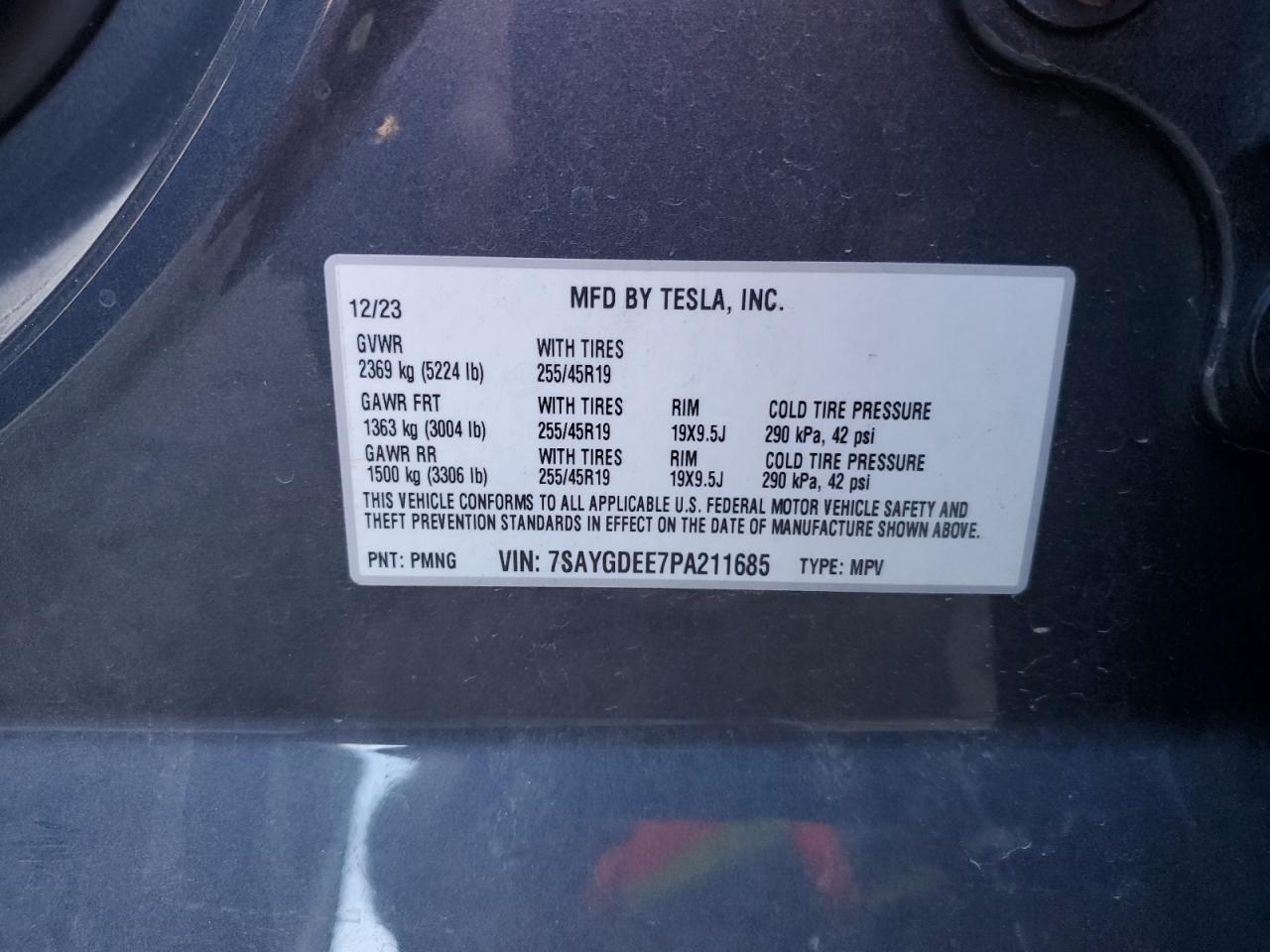 2023 TESLA MODEL Y  VIN:7SAYGDEE7PA211685