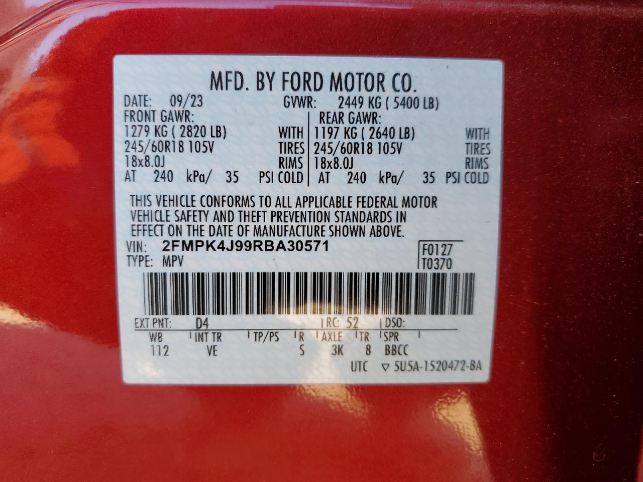 2024 FORD EDGE SEL VIN:2FMPK4J99RBA30571