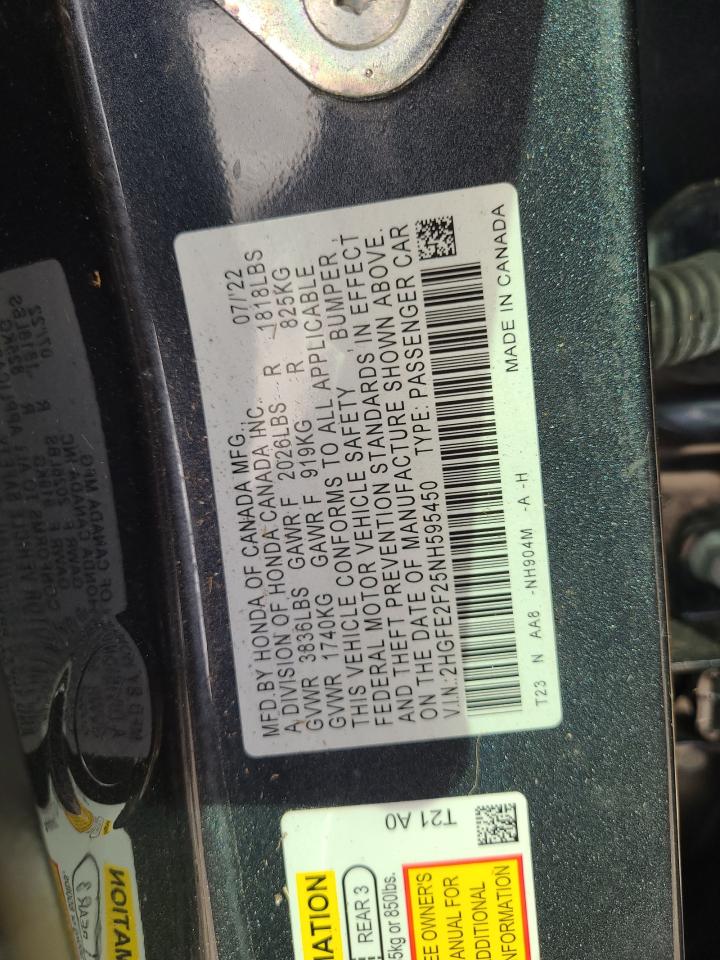 2022 HONDA CIVIC LX VIN:2HGFE2F25NH595450