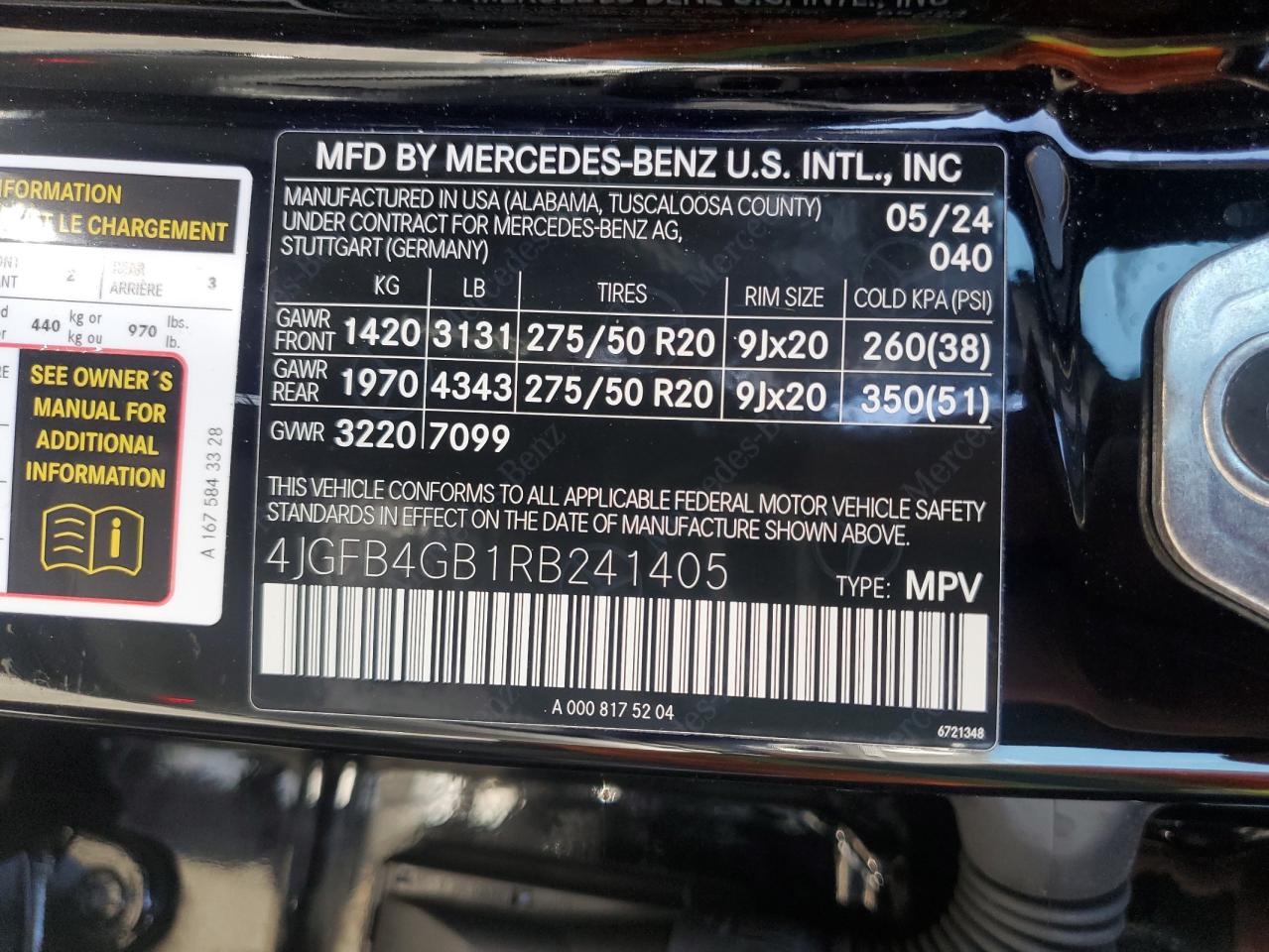 2024 MERCEDES-BENZ GLE 450E 4MATIC VIN:4JGFB4GB1RB241405