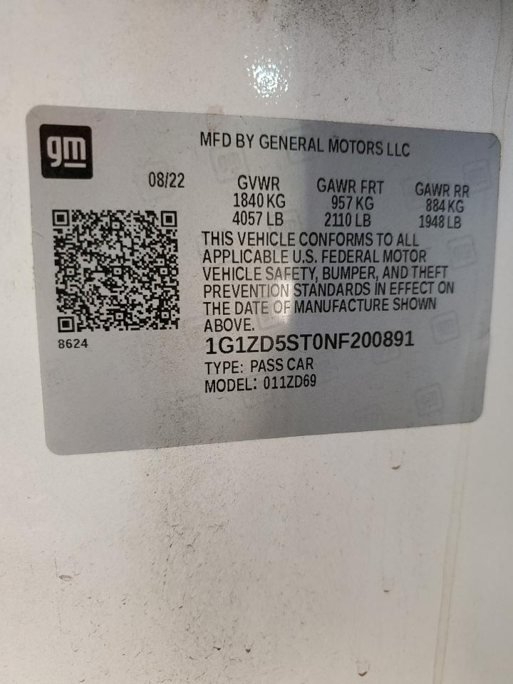 2022 CHEVROLET MALIBU LT VIN:1G1ZD5ST0NF200891