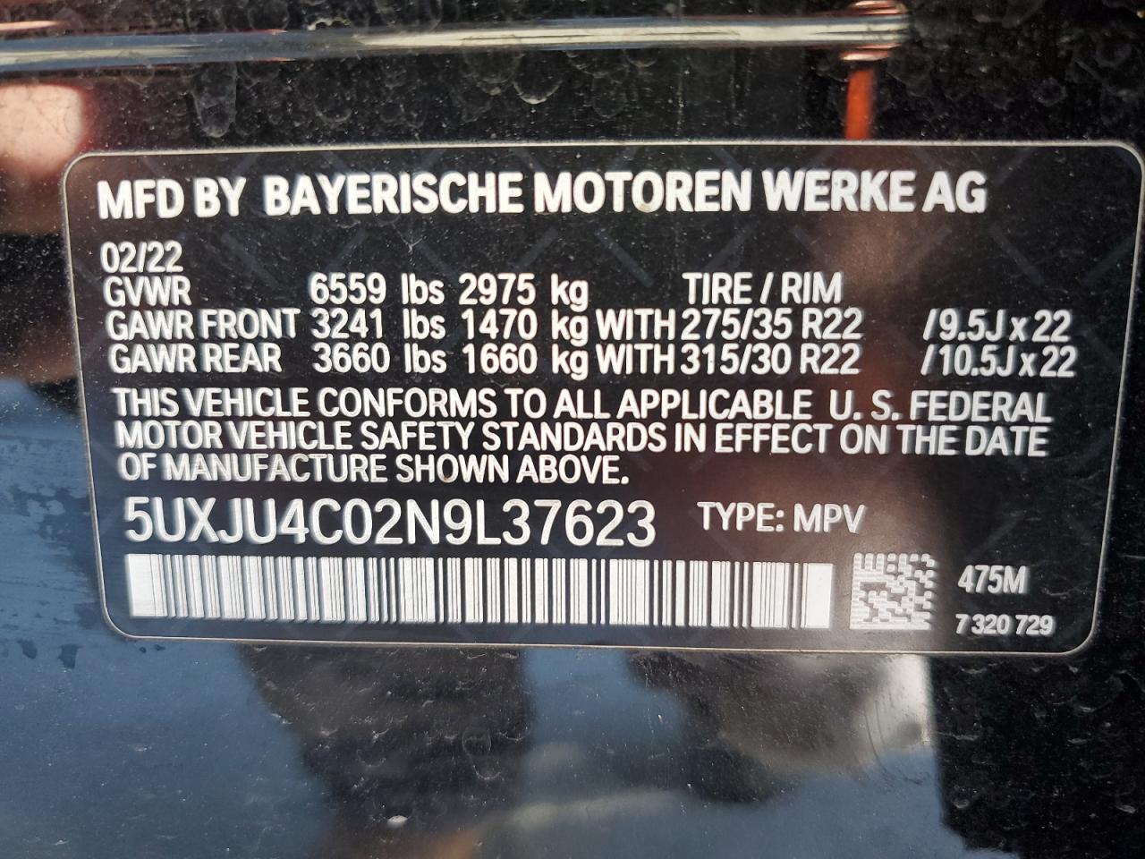 2022 BMW X5 M50I VIN:JM3TB2CA3F0454220