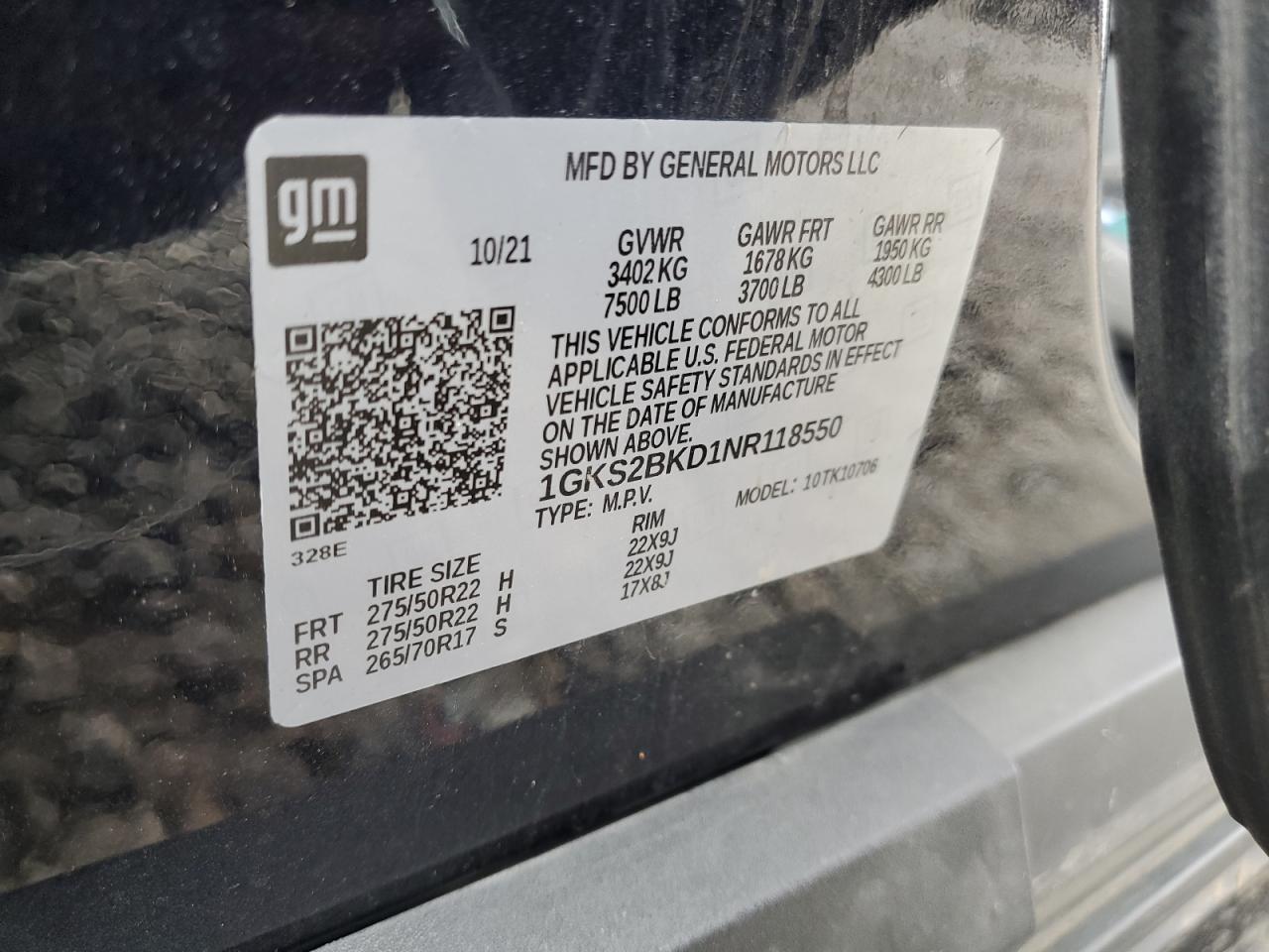 2022 GMC YUKON SLT VIN:1GKS2BKD1NR118550