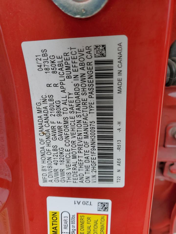 2022 HONDA CIVIC TOURING VIN:2HGFE1F94NH300975