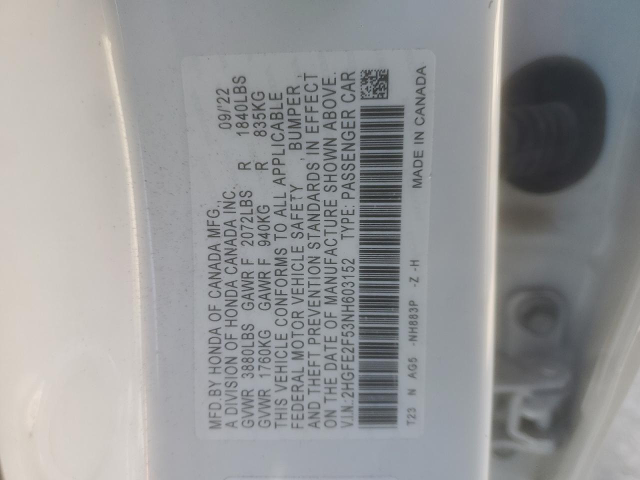 2022 HONDA CIVIC SPORT VIN:2HGFE2F53NH603152