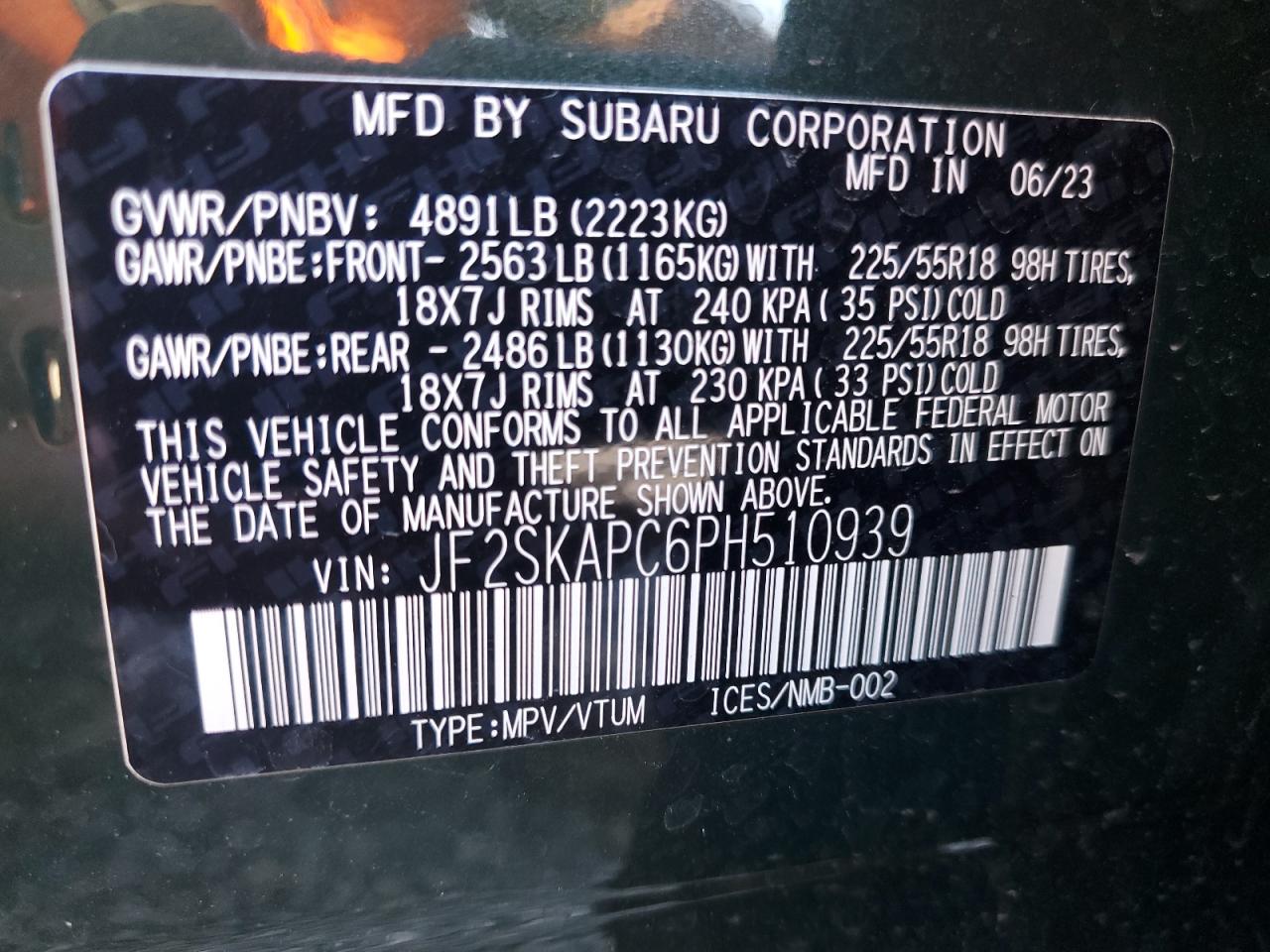 2023 SUBARU FORESTER LIMITED VIN:JF2SKAPC6PH510939