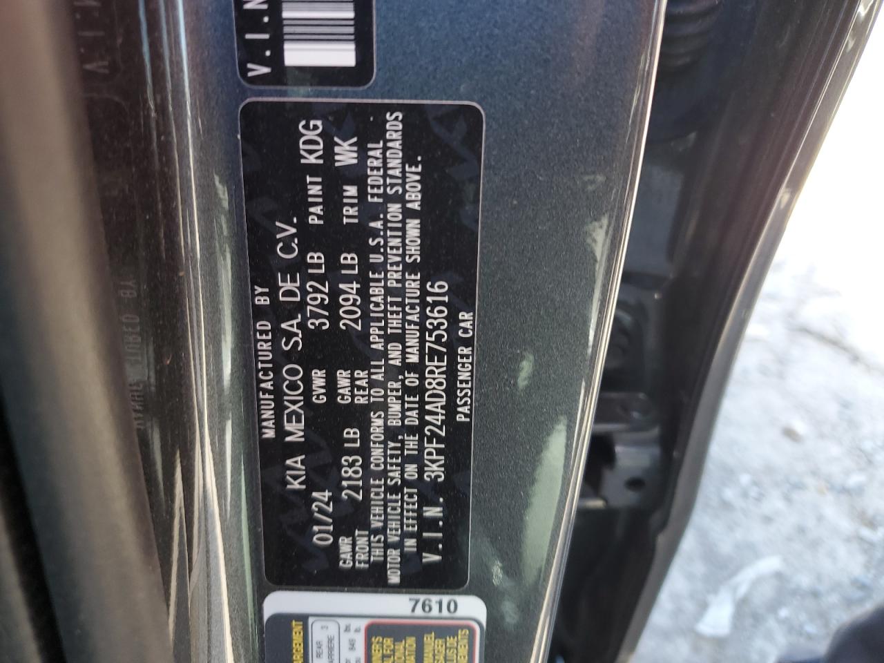 2024 KIA FORTE LX VIN:3KPF24AD8RE753616