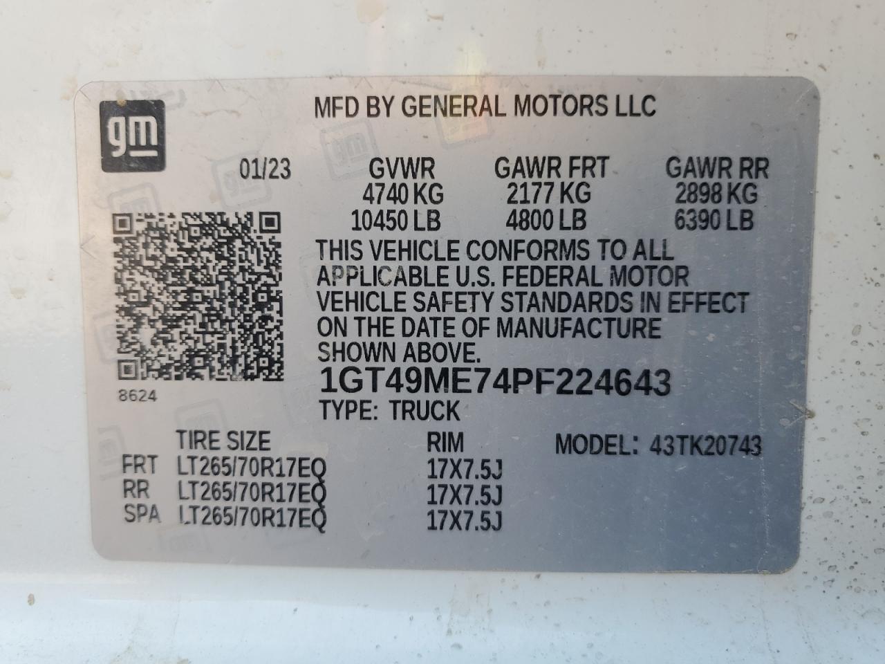 2023 GMC SIERRA K2500 SLE VIN:1GT49ME74PF224643