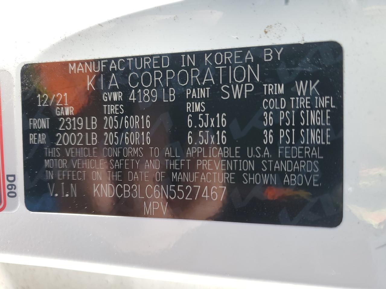 2022 KIA NIRO LX VIN:KNDCB3LC6N5527467