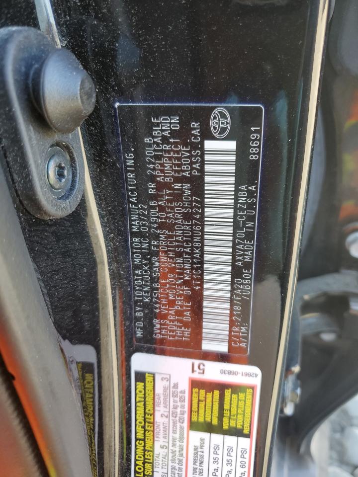 2022 TOYOTA CAMRY LE VIN:4T1C11AK8NU674277