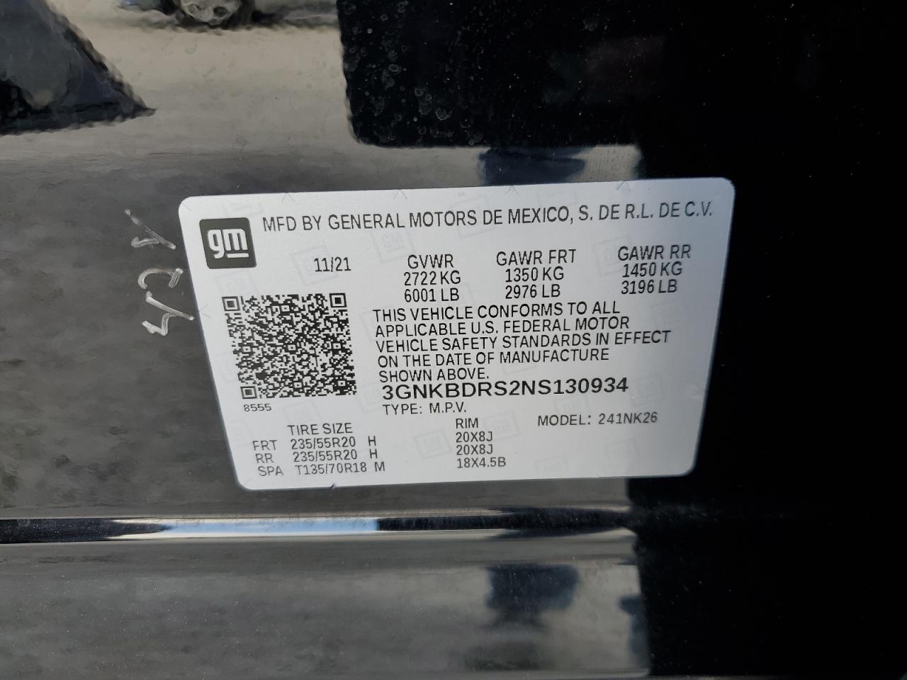 2022 CHEVROLET BLAZER 3LT VIN:3GNKBDRS2NS130934