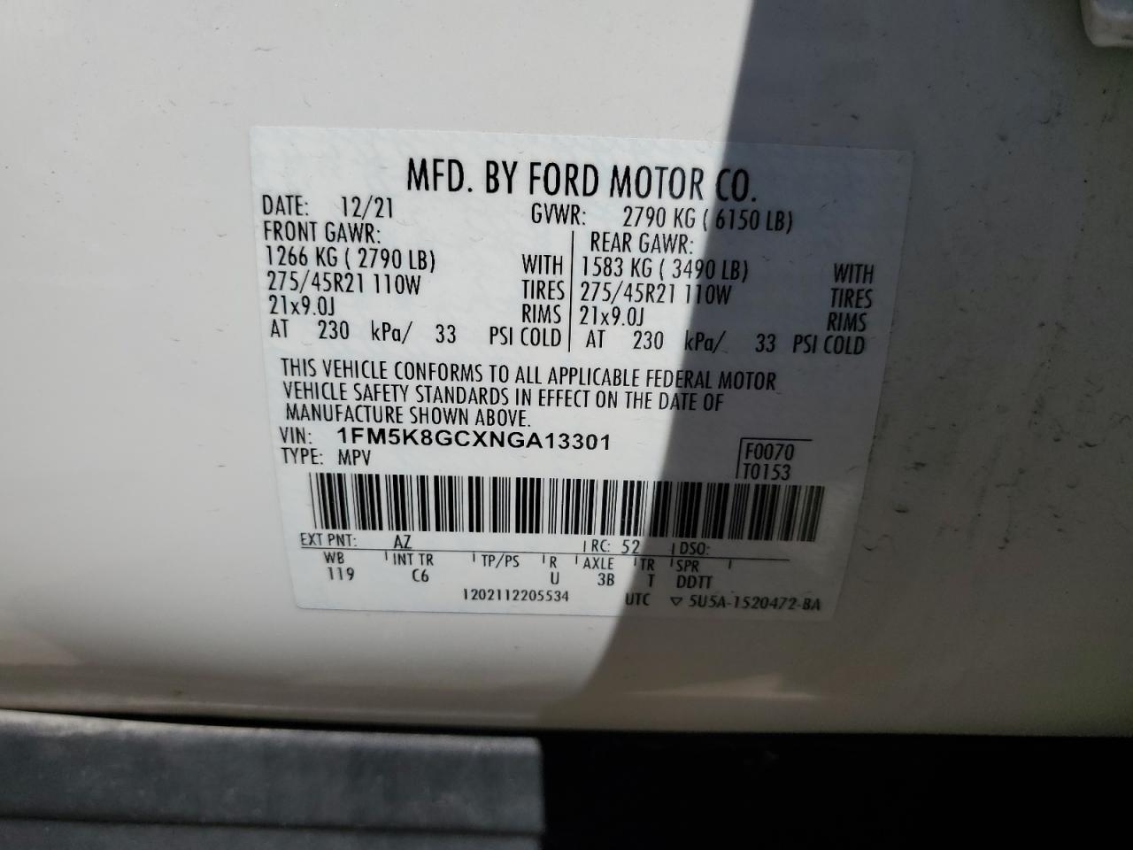 2022 FORD EXPLORER ST VIN:1FM5K8GCXNGA13301