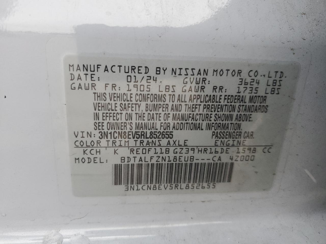 2024 NISSAN VERSA SV VIN:3N1CN8EV5RL852655