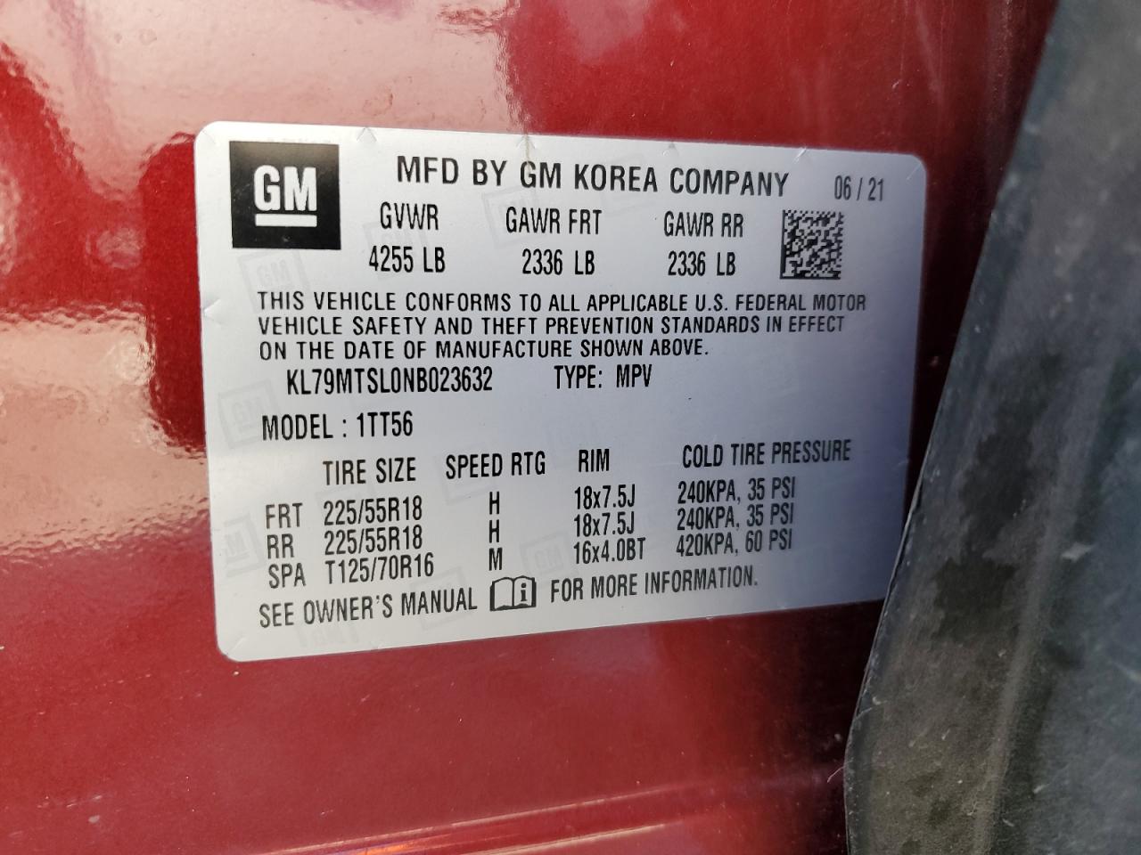 2022 CHEVROLET TRAILBLAZER RS VIN:KL79MTSL0NB023632