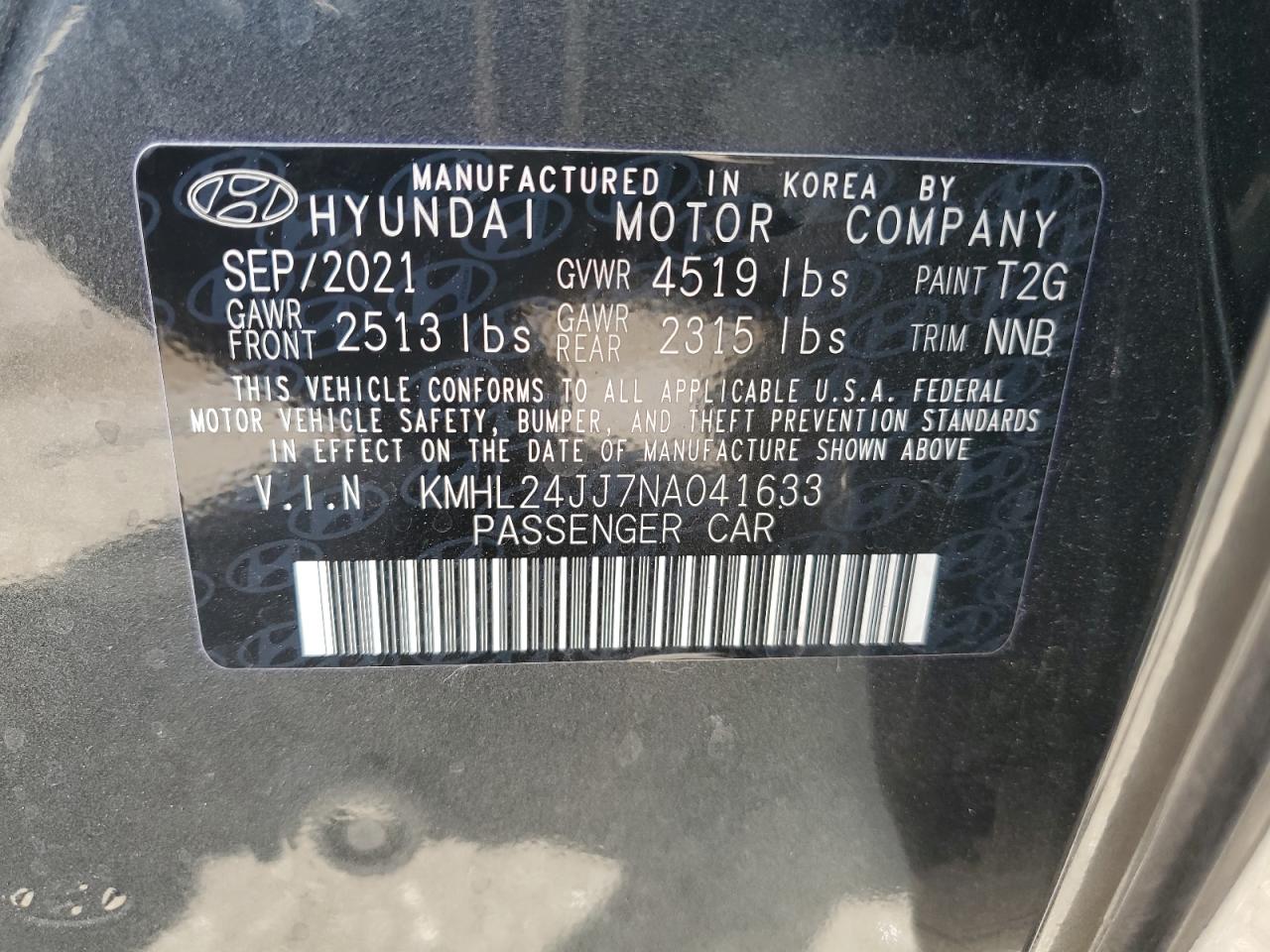 2022 HYUNDAI SONATA HYBRID VIN:KMHL24JJ7NA041633