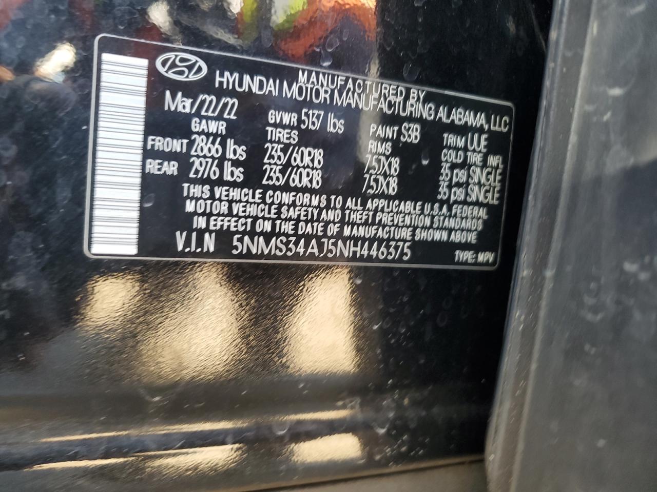 2022 HYUNDAI SANTA FE SEL VIN:5NMS34AJ5NH446375